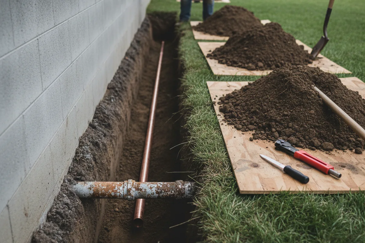 Excavated water line trench during Water Softener Installation in Ahwahnee